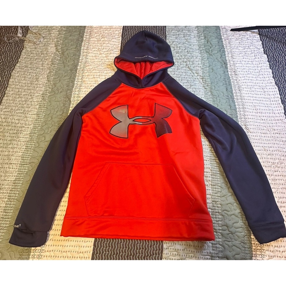 Under Armour Storm1 Kids Hoodie Orange Navy Blue Loose Fit Pullover YLG Large